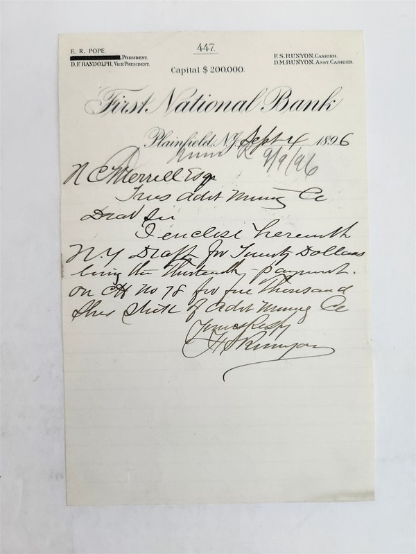 1896 antique FIRST NATIONAL BANK plainfield nj LETTERHEAD N. C. MERRILL mining