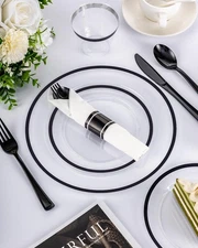 175PCS Plastic Plates for Party, Disposable Clear Black Dinnerware Set for 25...