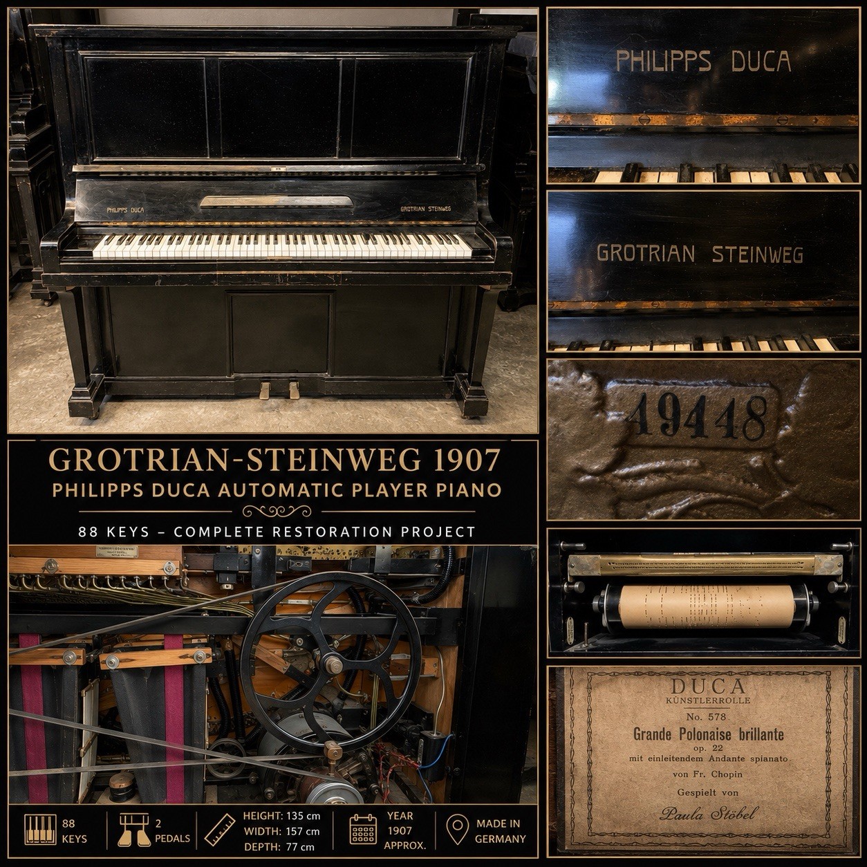 Grotrian Steinweg Duca 1907 Pianola Player Piano 88 Tasti Automatico Restauro