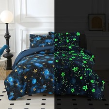 Glow in The Dark Kids Comforter Set, 3 Pieces Blue Space Bedding Set Twin Siz...