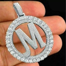 Round 2Ct Lab-Created Diamond Initial Letter "M" Pendant 14K White Gold Plated