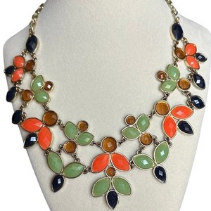 Statement Bib Necklace Gold Tone Orange Green Blue Resin Floral Leafy Design