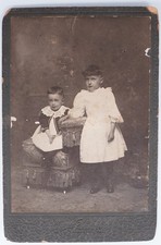 Antique Cabinet Card Two Children Siblings Victorian White Dress Fringe Stool