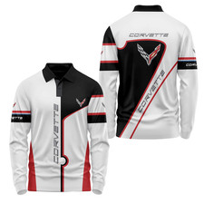 Custom Name Corvette C8 Racing Team Logo 3D Long Sleeve Polo Shirt Men S-5XL