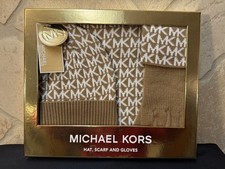 Michael Kors Hat Scarf Gloves Boxed Set Camel/White MK Logo NEW