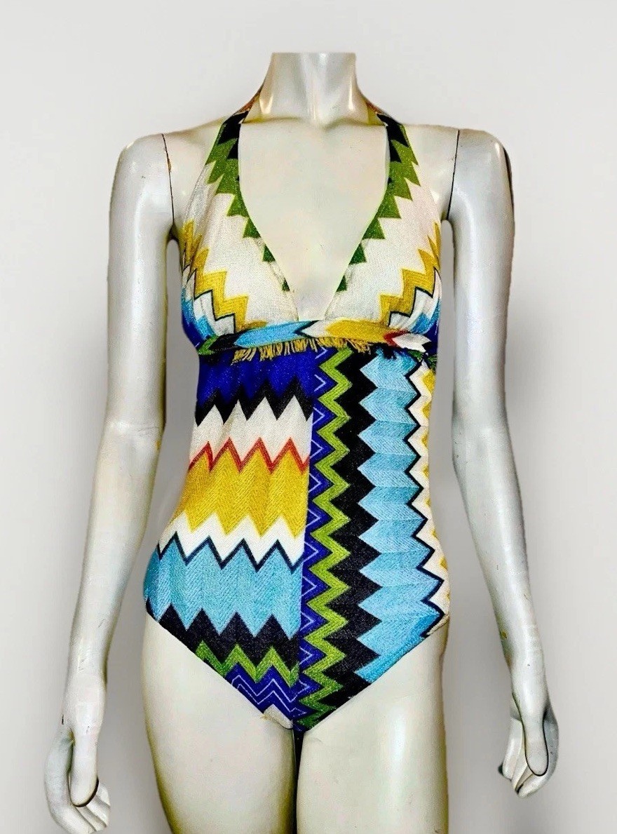 MISSONI Mare Swimsuit Lurex Shimmer Halter Chevron Fringe Swimwear Sz 46 NWT
