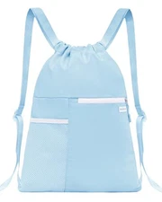 Drawstring Backpack with Mesh Pocket Water Resistant String Beach Light Blue