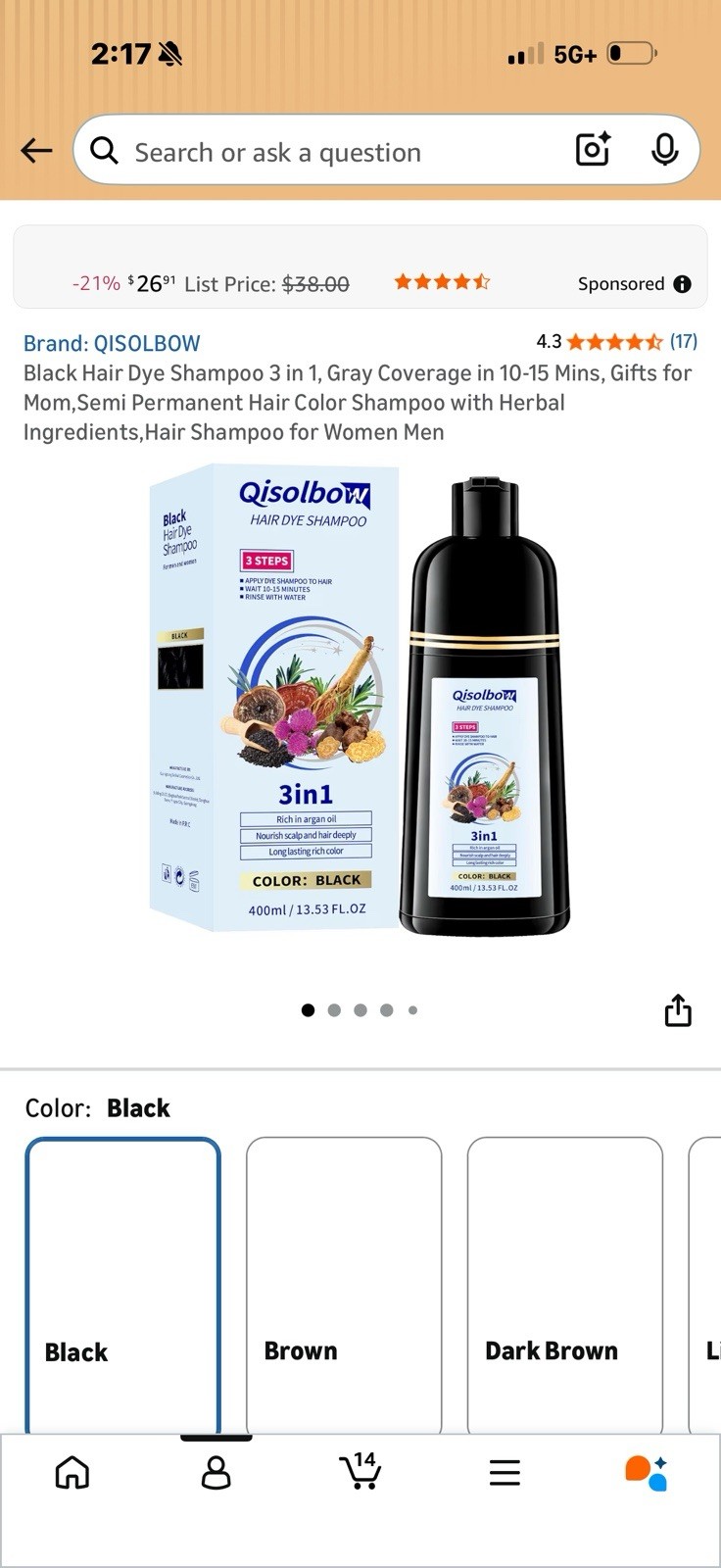 QISOLBOW 3in1 Black Hair Dye Shampoo 400ml Semi Permanent Ar