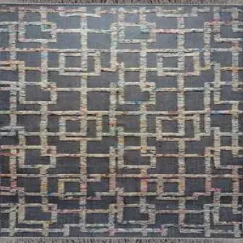 Jute Silk Rug Multicolor Grid, Hand Knotted Charcoal Geometric Carpet