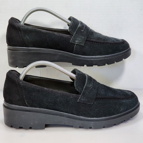 Clarks Calla Ease Black Suede Loafers Lug Sole 10 M Penny Loafers - Picture 2 of 9