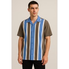 Nat Nast Tuscan Blue Striped 100 Silk Shirt Size M Bowling Retro Cool Miamicore