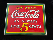1990's Ice Cold Coca Cola 5 Cents Porcelain Enamel Steel Sign Ande Rooney