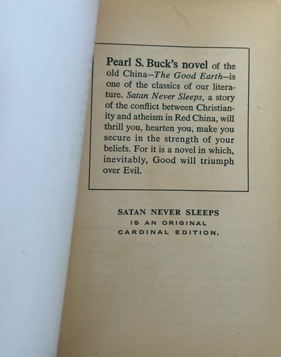 SATAN NEVER SLEEPS 1962 PEARL S. BUCK Cardinal 1st Edition 1962 Good Condition - Picture 7 of 8