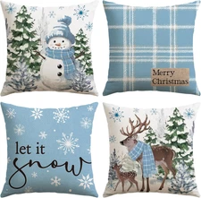 Christmas Throw Pillow Covers 18x18 Inch Set of 4, Scottish Tartan Plaid Snowman
