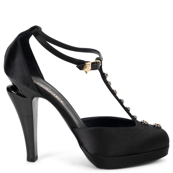 72858 authentische Chanel schwarze Seide 08P Strass Stern T-Riemen Pumps Schuhe 38,5 Passform 37,5