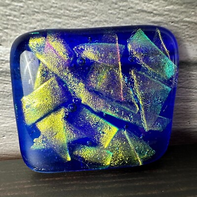 Vintage Handmade Square Shape Blue Fused Dichroic Glass Art Paperweight