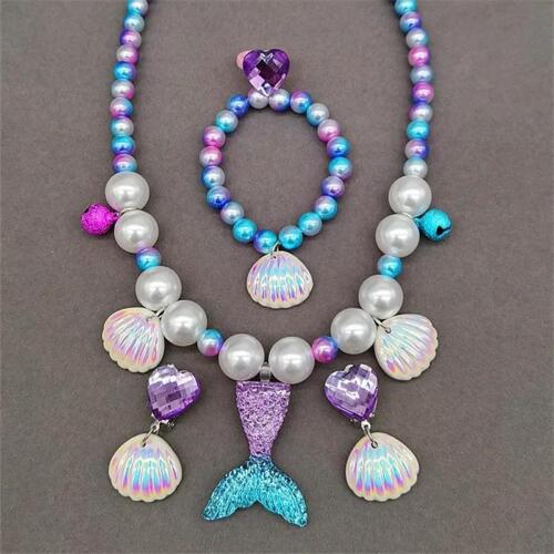 Girl's Mermaid Theme Sequin Hair Accessories Mermaid Jewelry Kit Necklace Ring - Picture 22 of 28