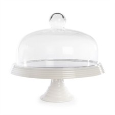 Ceramic Cake Stand with Glass Cover Dome Cloche Serving Plinth Party | M&W