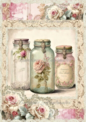 Shabby Chic Vintage Glass Jars Designer Cotton Fabric Quilt Block Multi-size