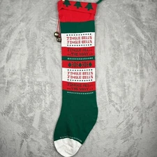Vintage 1985 Christmas Stocking 37" Jingle Bells Green Red Nostalgia Oversized