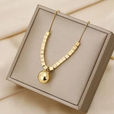 Woman 18K Gold Plated Stainless Steel Cubes Bead Charm Necklace Chain 