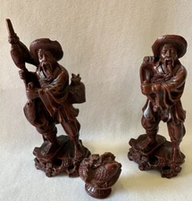 Chinese Antique Rose Wood 2 Fishermen And A Fish Basket Hand Carved