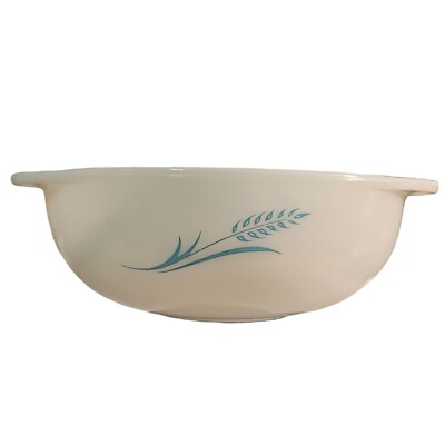 Vtg MCM Promotional Pyrex Bowl White Blue Wheat #023 1.5 Qt. Cottagecore