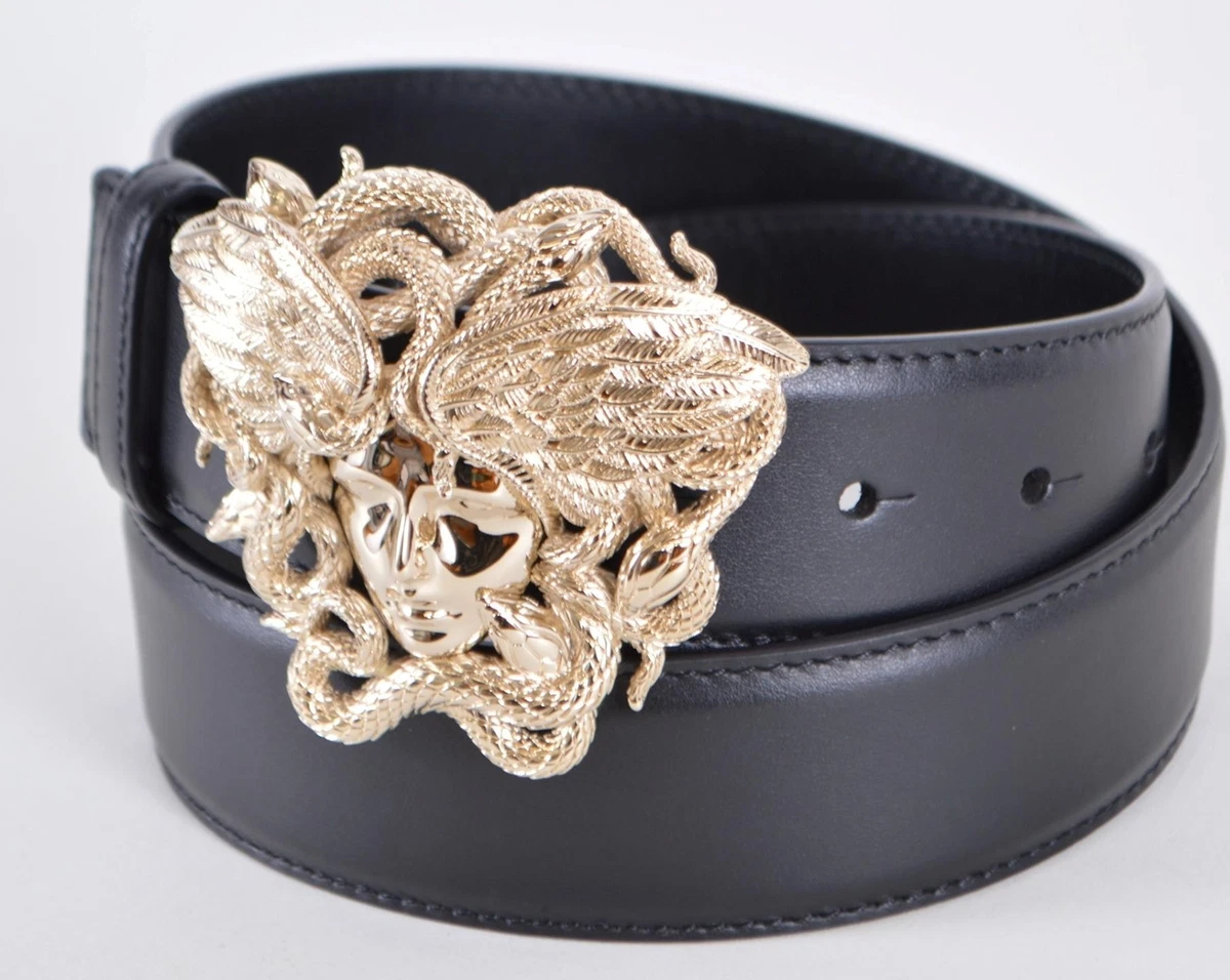 NEW Versace Women s Black Leather Large Gold Tone MEDUSA Buckle Belt 32 80