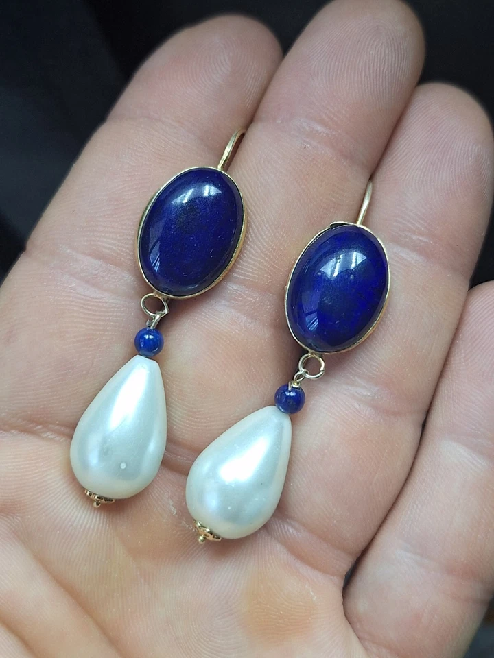 ORECCHINI  ARGENTO 925 DORATO  LAPIS  CABOCHON E  PENDOLI PERLA  - Immagine 3 di 4