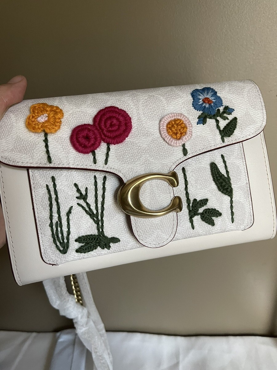 Coach Tabby Chain Clutch Chalk In Signature Canvas With Floral Embroidery