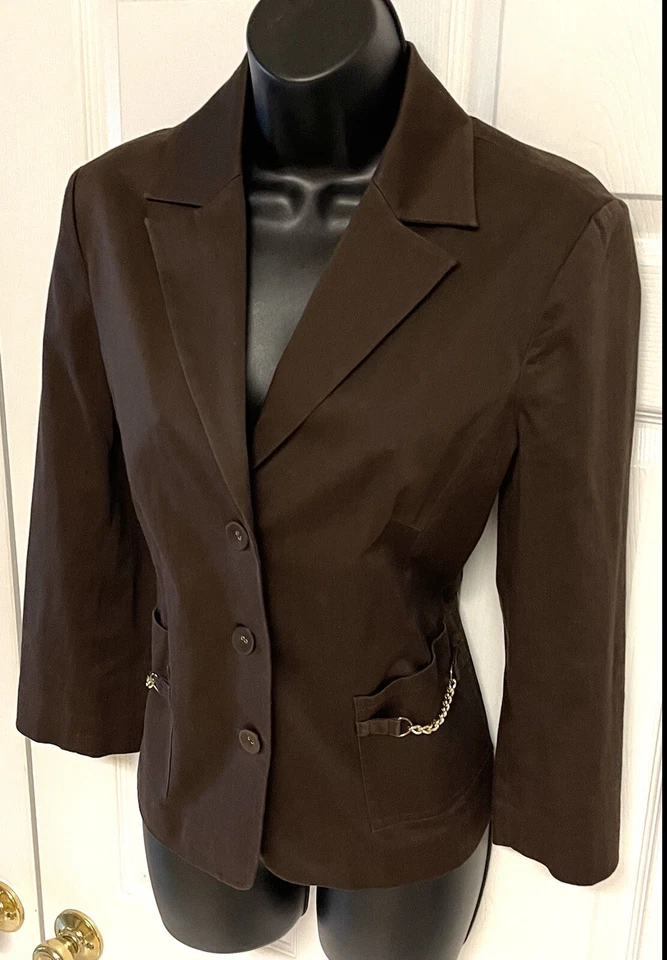 Chaqueta Blazer PECK & PECK Talla 8 Algodón/Spandex Marrón Mangas 3/4 Foto 2 de 4