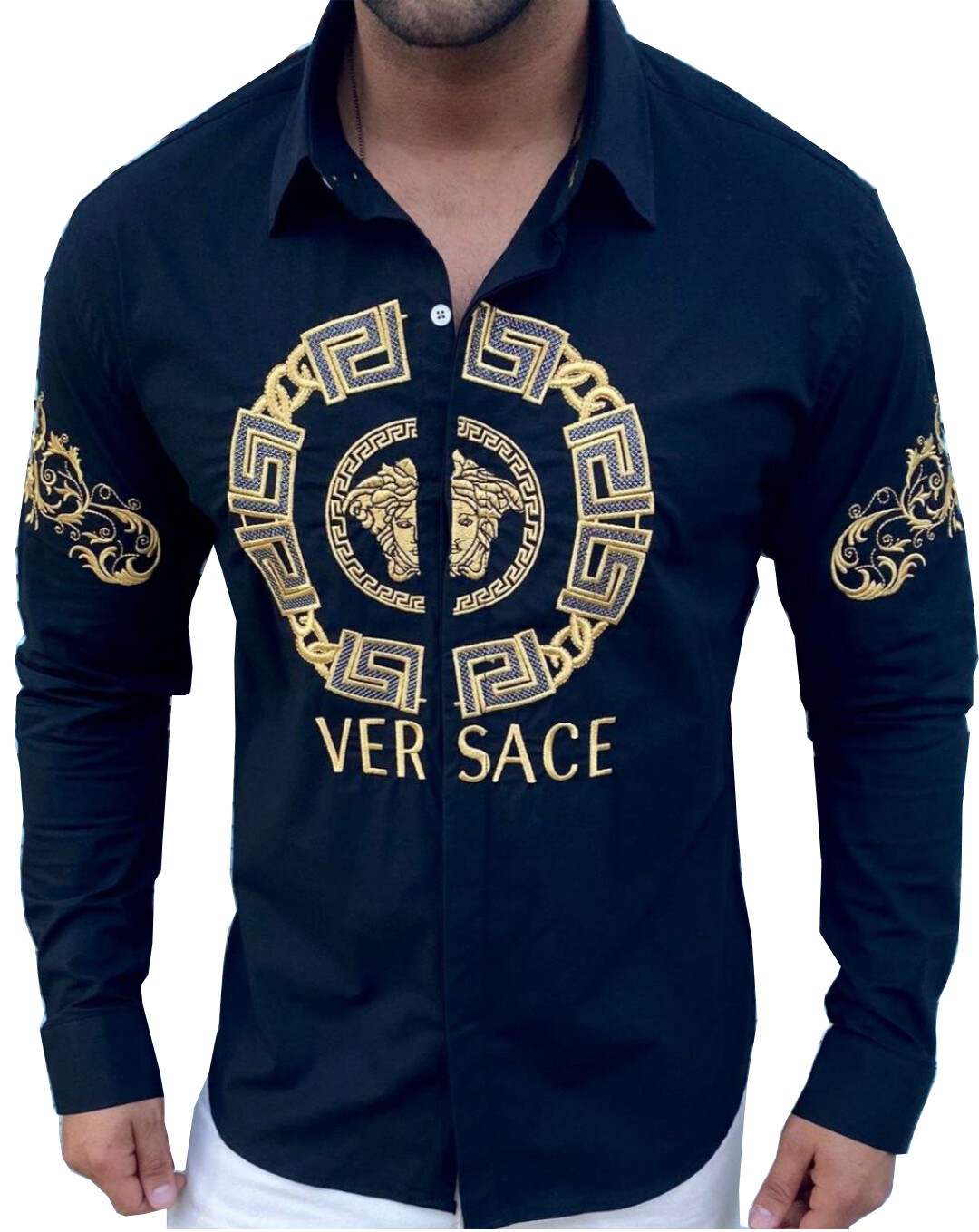 Men's Emproidered Long Sleeve Versace Button Down T Shirt Black & Gold