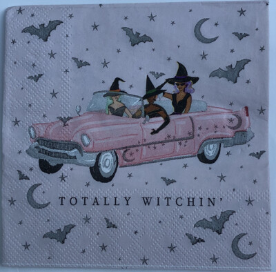 Two Individual paper beverage napkins decoupage Halloween Witch Pink Car Fall