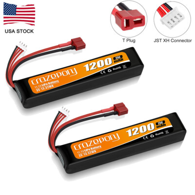 2Pcs LiPo Battery 11.1V 1200mAh 3S 25C with T-Plug Deans for Airsoft Model Rifle