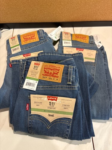 Lot of 3 Levis 511 Boys Blue Denim Jeans Slim Straight Leg Stretch Size 14 NWT