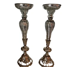 Frontgate Crackle Glass Candleholder Candlesticks TWO 17 inches tall HOLIDAY