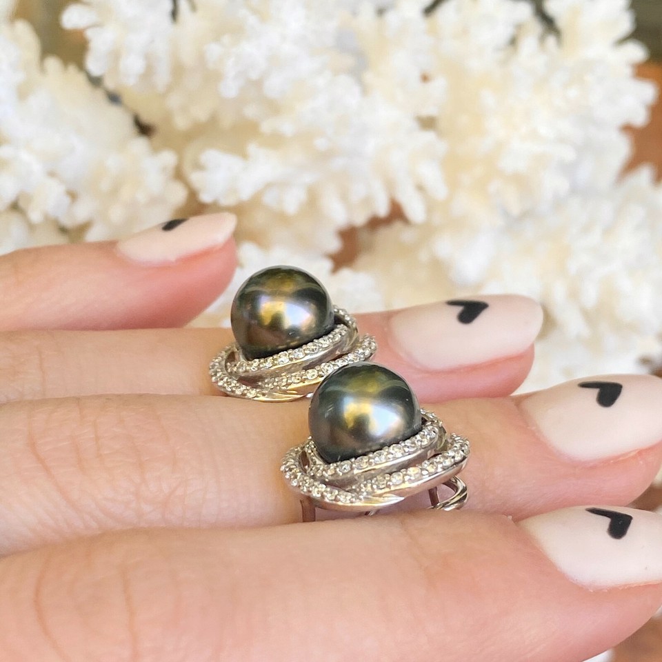 Pave Diamond Tahitian Pearl Orbit Earrings in Rose Gold