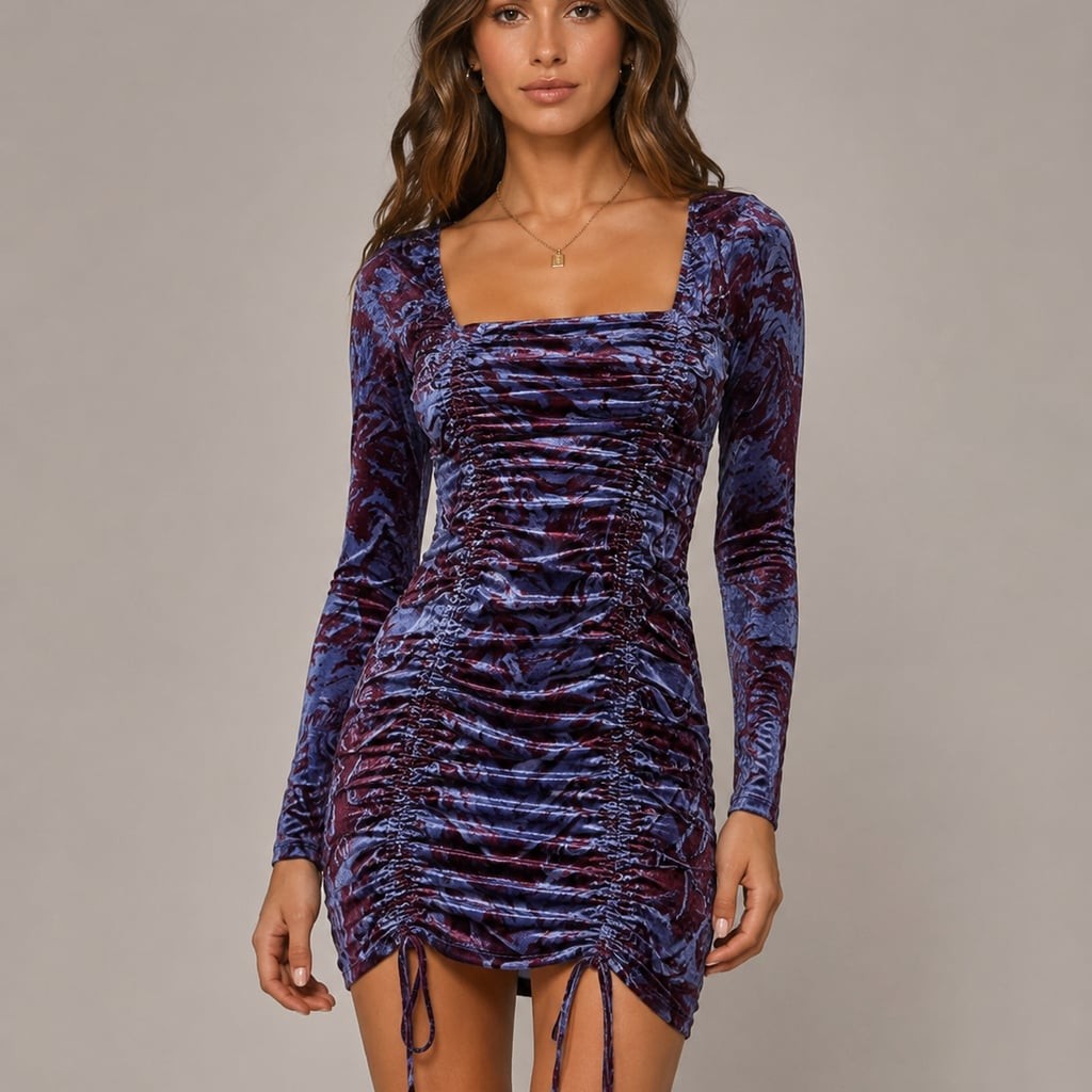 Wild Fable Women's Long Sleeve Marble Print Velvet Ruched Bodycon Mini Dress