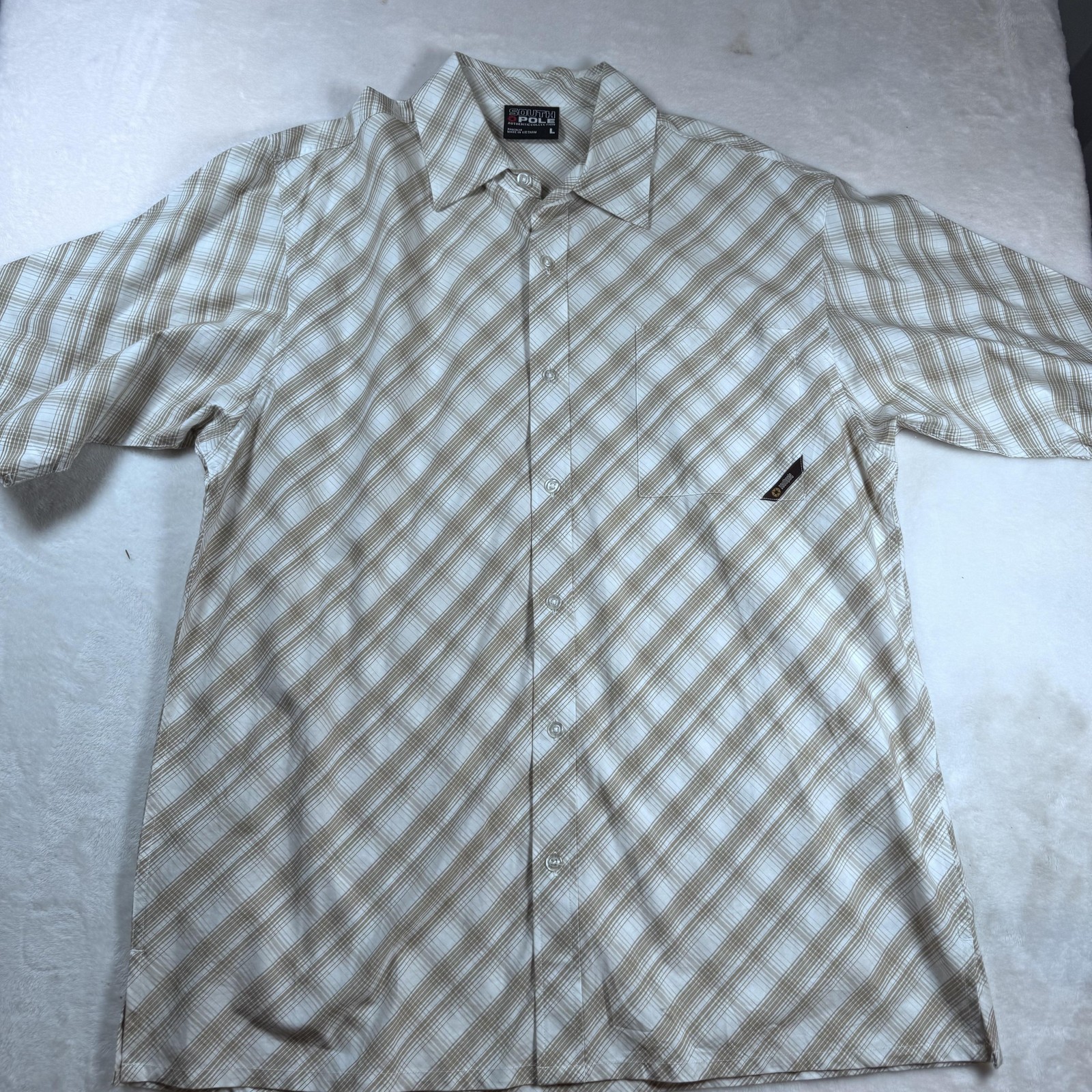Southpole Shirt Mens Large Beige Plaid Short Sleeve Button Front Casual