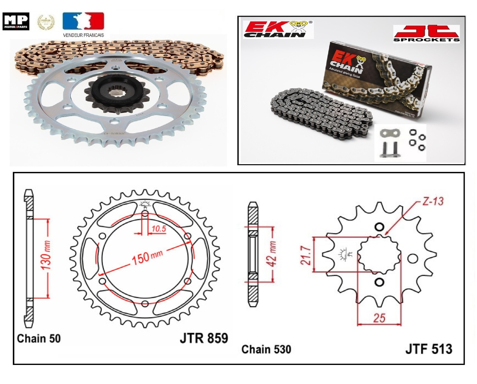 Kit chaine EK Chain 530 SRX2 avec couronne 15x48 pour moto Yamaha YFZ 600 Fazer 1998-2003