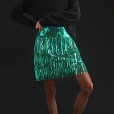 Maeve by Anthropologie High Waisted Fringed Sequined Mini Skirt Green Women US 6