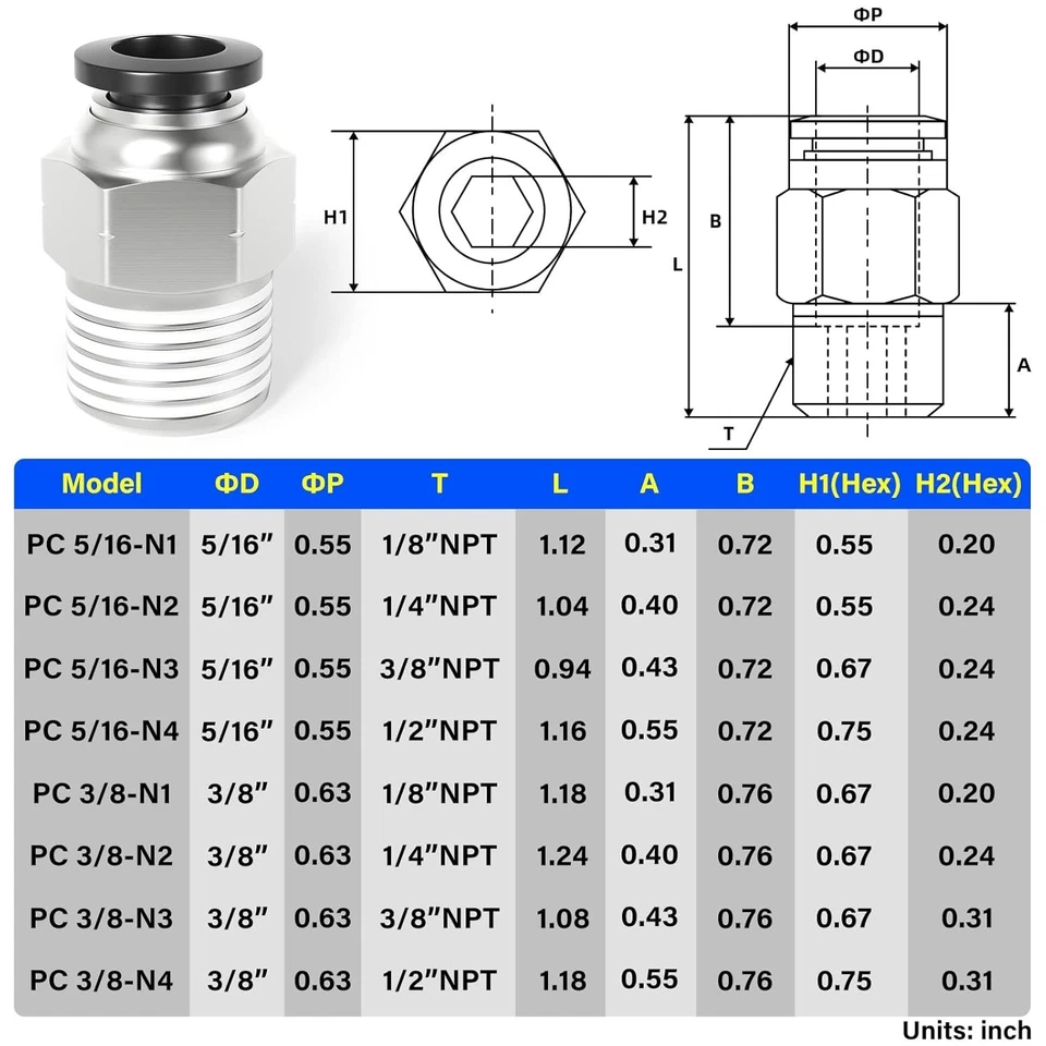 Conectores de empuje macho confiables - 5/16" OD x 1/4" NPT, cobre/plástico, 10 unidades Foto 4 de 4