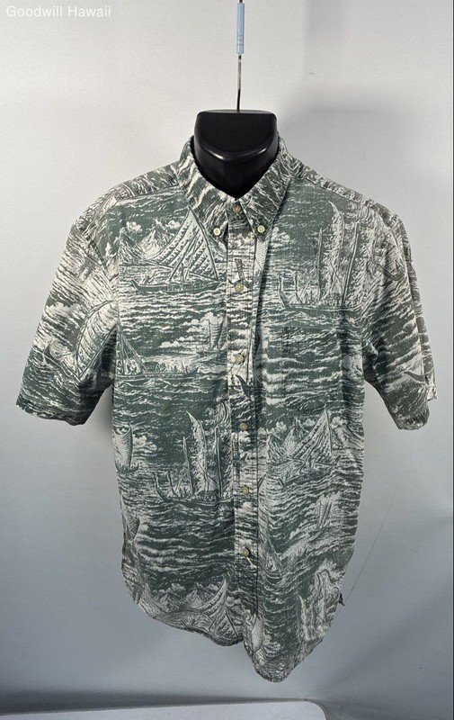 Reyn Spooner Men's Green Sailboat Scenic Print Hawaiian Button Down Shirt XL