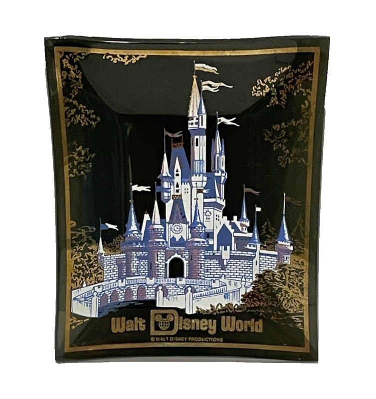 VTG Walt Disney World Gold Black Glass Ashtray Tray Blue Cinderella Castle 1970
