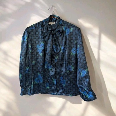 Oscar de la Renta Expressions Blue Floral Satin Bow Tie Collared Blouse 12