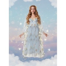 Whimsical Fairy Dress Blue Flower Embroidered Tulle Corset Lace Puff Sleeve Sz L