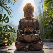 Zen Buddha Water Fountain Outdoor, 19" H Handcrafted Buddha Statue Water Feat...