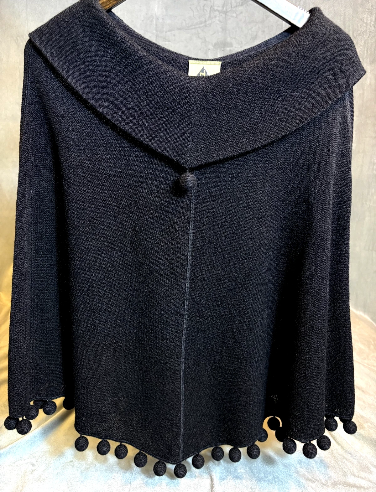 Alpaca Intl Womens Baby Alpaca Cowl Neck Poncho Black Pom Pom Witchigoth Boho OS
