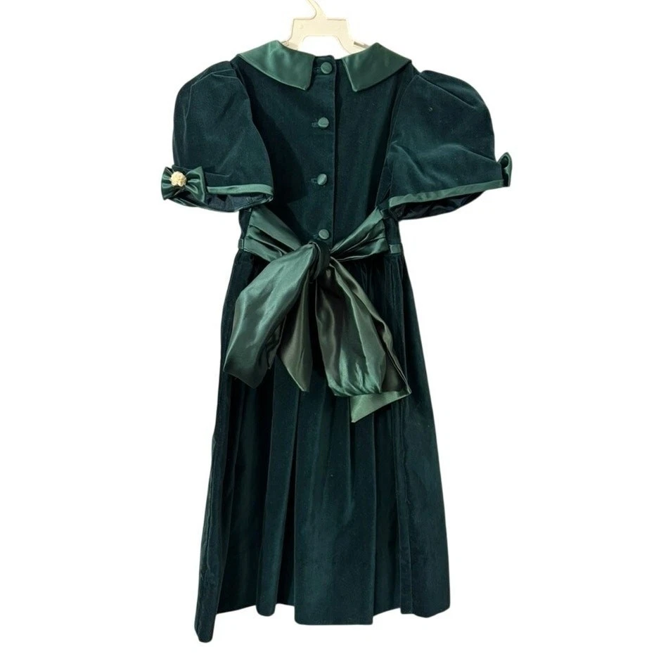 Vintage Style Girls Green Velvet A-Line Dress Satin Trim Bows Size 3/4 Holiday - Image 2 of 4