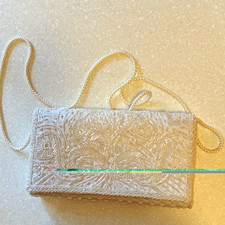 Hand made Le Regale white Beaded Clutch Purse Bag with satin Shoulder Strap